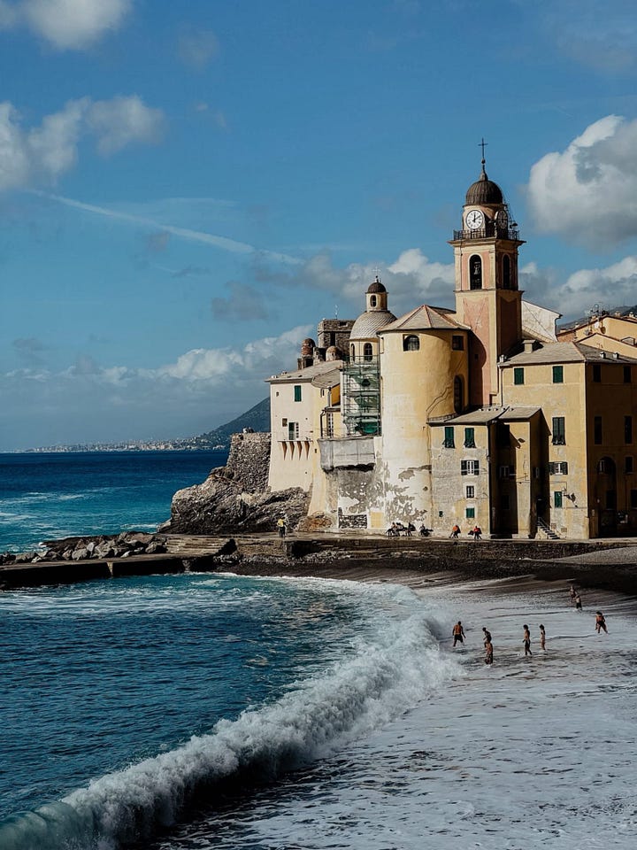 Photos of the beach in Camogli, Italy in the region of Liguria in the Italian Riviera