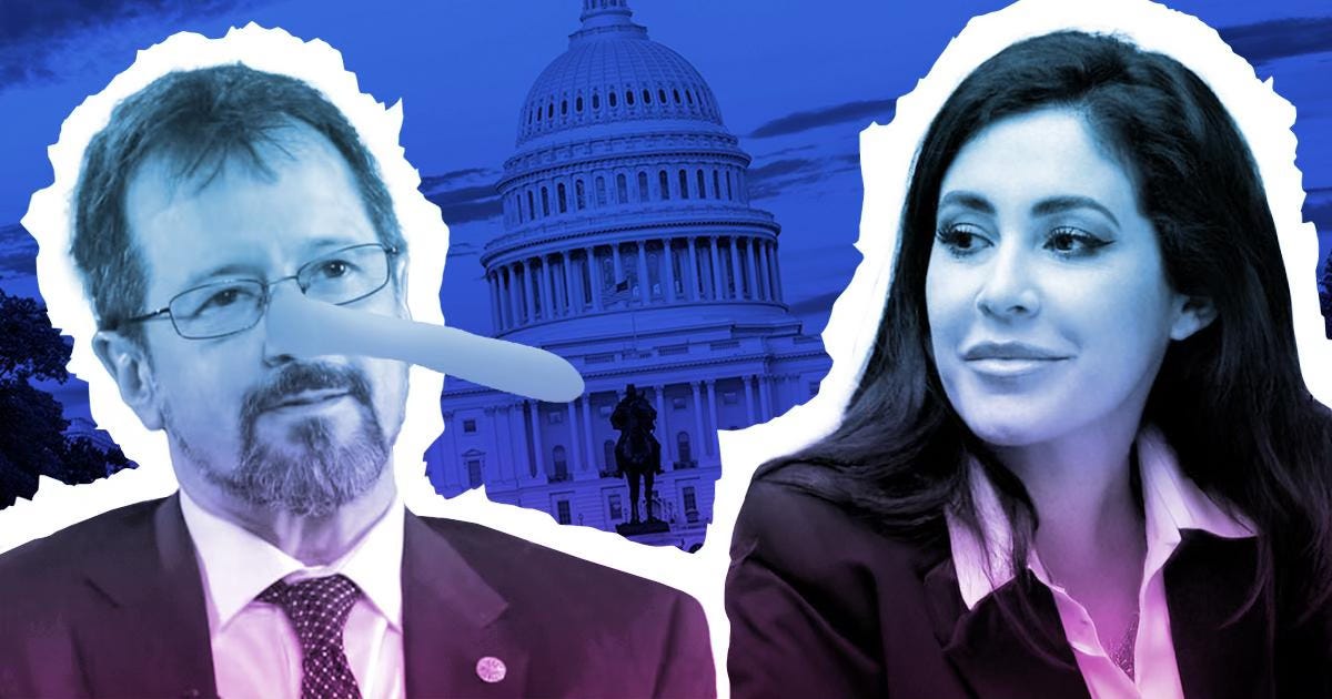 Illustration of Sean Kirkpatrick with a Pinocchio nose beside Rep. Anna Paulina Luna, against backdrop of the U.S. Capitol.