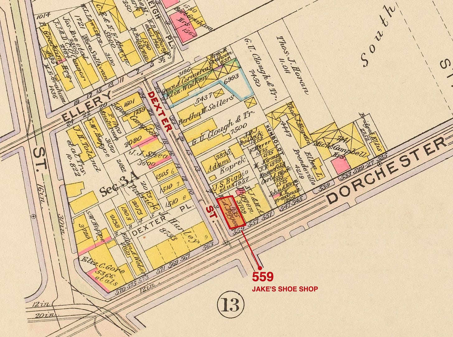 Bromley atlas plate 31, 1910, showing Dexter Street built solid with houses. 559 Dorchester Avenue, Jake’s Shoe Shop, outlined in red.