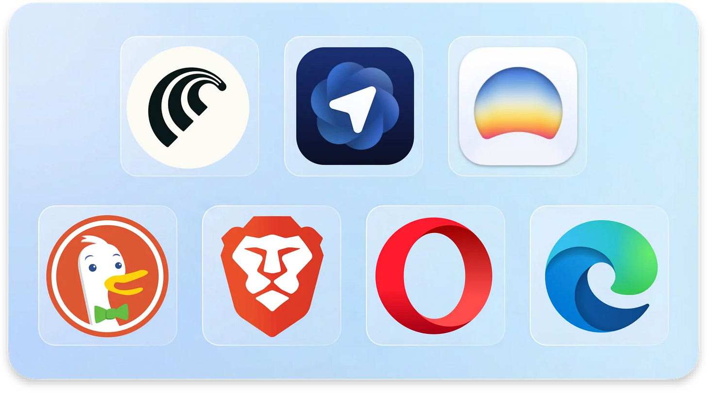 Grid of modern web browser app icons including Perplexity Comet, Arc Search, DuckDuckGo, Brave, Opera, and Microsoft Edge representing the rise of AI-powered and privacy-focused browsers