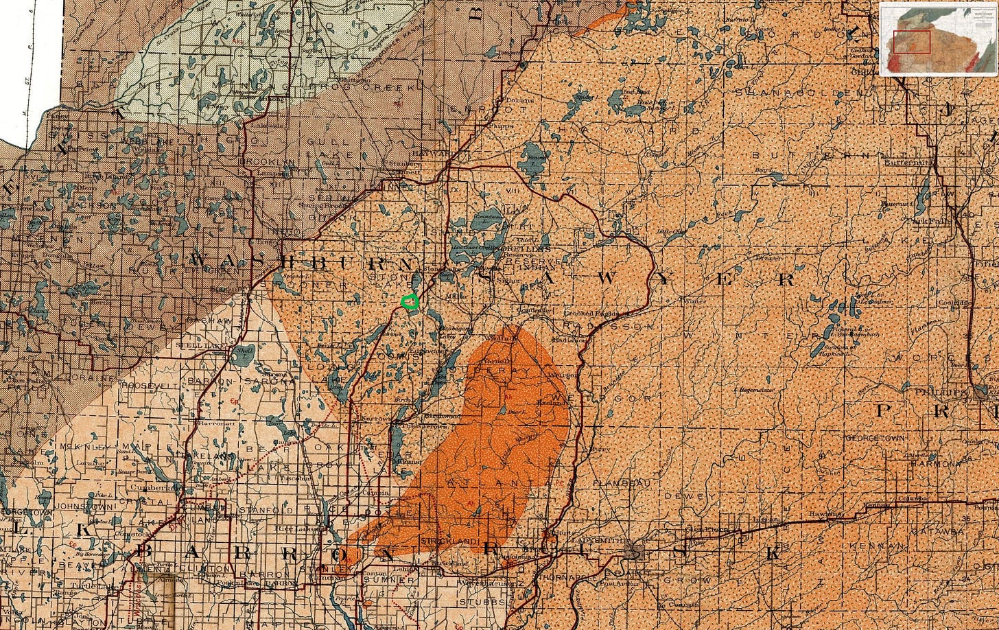 A historical map from 1911 showing Washburn County, Wisconsin. A hand-drawn circle highlights the area around Long Lake, indicating the site of the 1894 incident within the network of Ojibwe communities.