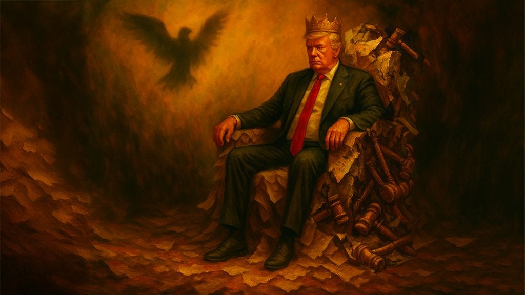 Donald Trump wearing a suit and crown sits solemnly on a throne made of broken gavels and torn legal documents, bathed in dim, amber light. A dark bird hovers in the background, silhouetted like a shadow over the scene.