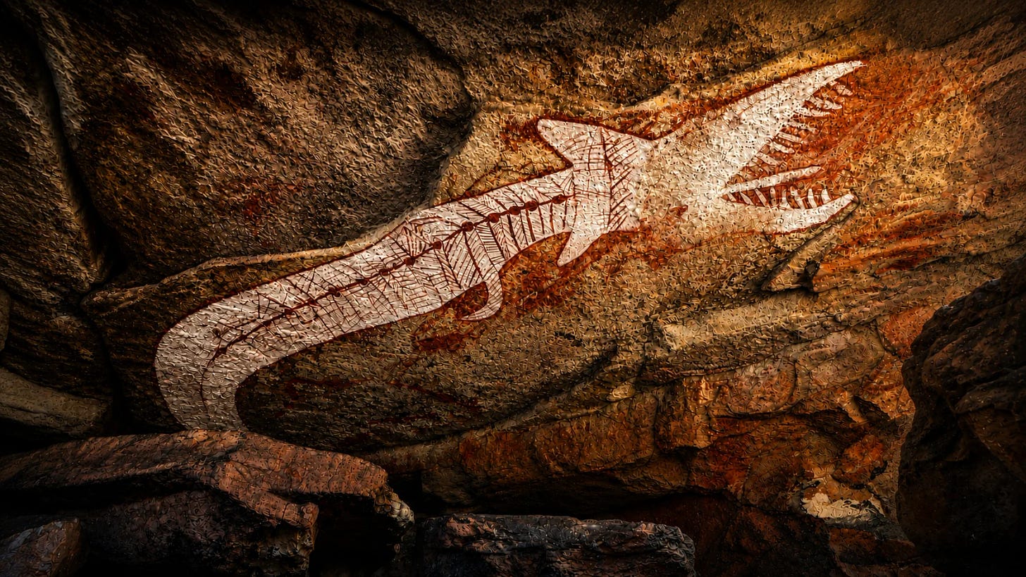 Ancient Rainbow Serpent Aboriginal rock art painted on an Arnhem Land sandstone shelter in rich red ochre and white pigments, representing the powerful creator spirit associated with water, rain and creation Dreaming stories. Ancient Rainbow Serpent Aboriginal rock art painted on an Arnhem Land sandstone shelter in rich red ochre and white pigments, representing the powerful creator spirit associated with water, rain and creation Dreaming stories.