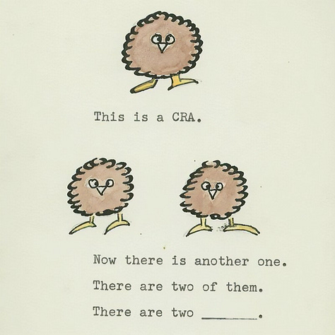 One of the original elicitation stimuli from Gleason’s 1958 experiment. On the top half of the page is a light blue, chick-like wug, with the text “This is a WUG”. On the bottom half of the page are two wugs side by side, with the text “Now there is another one. There are two of them. There are two [blank].