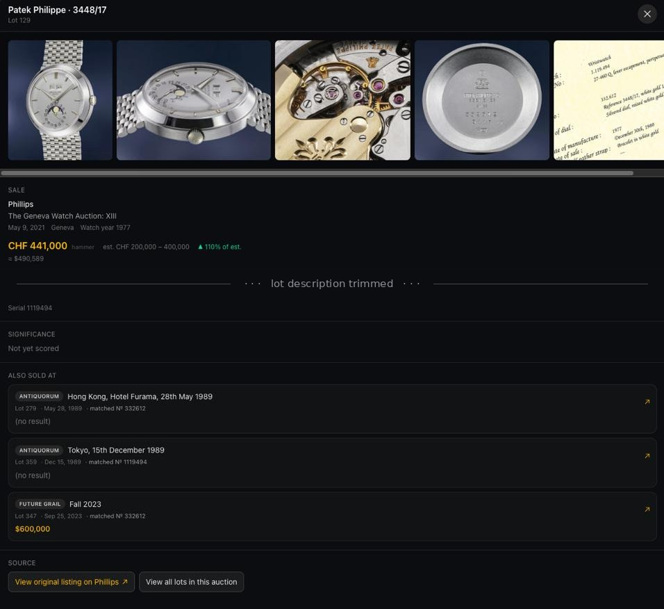 Auction records for a Patek Philippe 3448/17 sold at various auctions Auction records for a Patek Philippe 3448/17 sold at various auctions