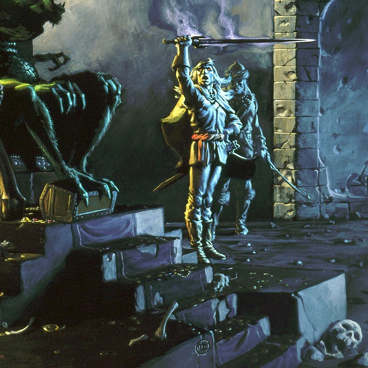 LEFT: Creature detail from URISH’S BANE featuring an 8-armed, green scaled, bug-eyed demon perched upon a wooden throne. Its feet rest on a coffer turned on its side. Gold coins litter the floor, spilling down the steps of the dais along with colorful jewels (rubies, amethysts, and topaz), strings of pearls and human bones   RIGHT: Detail from URISH'S BANE featuring Elric with glowing red eyes holding up Stormbringer as if announcing his presence in a show of power. The black blade streams purple mist. The chamber is dimly lit so his clothes appear devoid of color except for the red sash at his waist. A bearded companion wearing turbaned-helm stands just behind him in the archway.