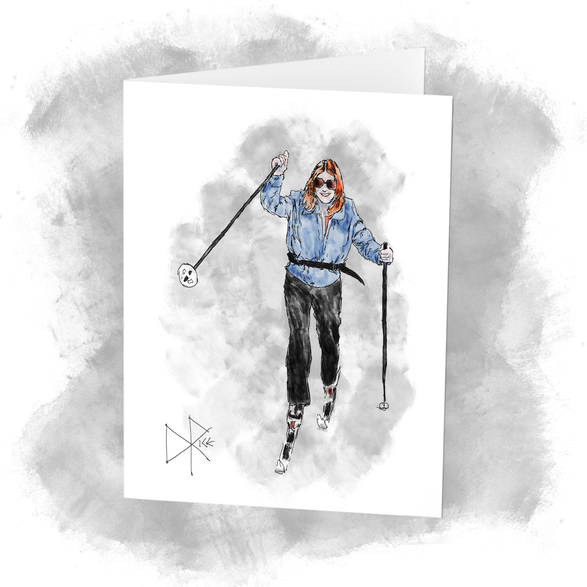 A woman enjoying a beautiful winter day while skiing through light powder on the trail. Sketch art by Don Rice. A woman enjoying a beautiful winter day while skiing through light powder on the trail. Sketch art by Don Rice.
