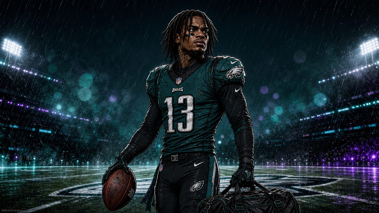 Dontayvion Wicks in Eagles uniform with John Wick-inspired action-hero styling on a rainy field.