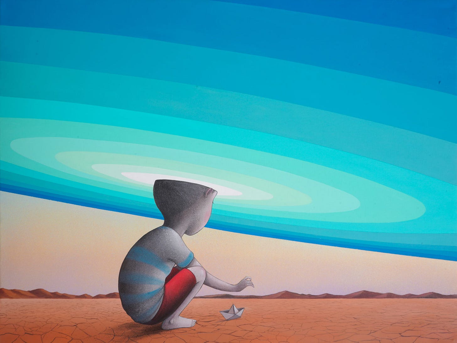 a painting of a child playing with a paper boat in the desert with their head surrounded by a blue halo-like sky, Seth Globepainter