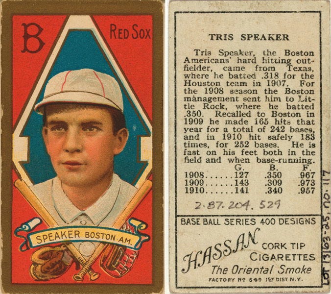 "B Red Sox" baseball card with "Tris Speaker" portrait biography stats and "Hassan" cigarette advertisement