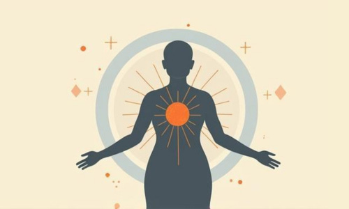 Silhouette of a woman with radiance glowing from her chest and soft aura around her, signalling whole body knowing.