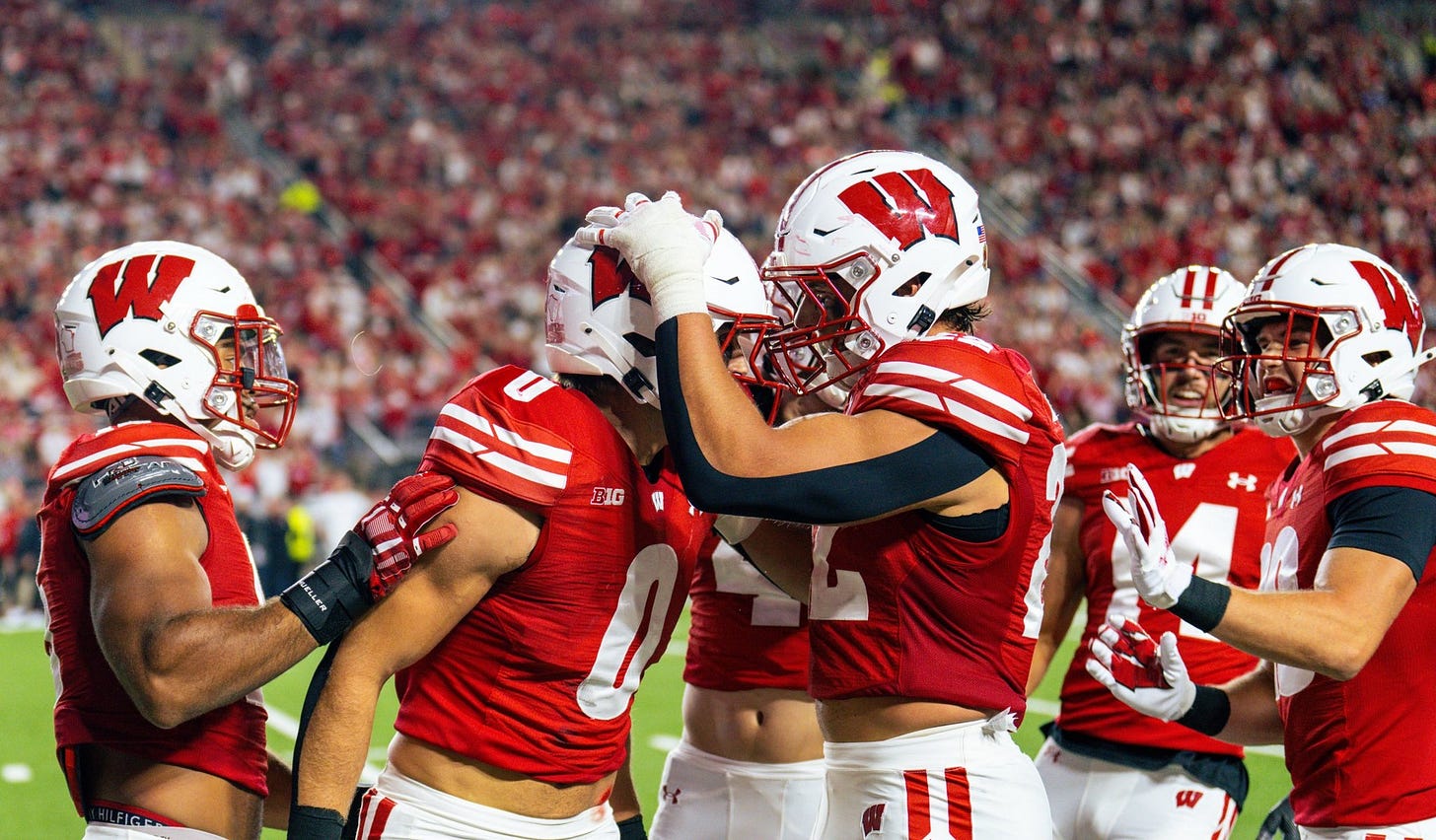 Wisconsin Badgers linebacker Christian Alliegro celebrates with Mason Reiger during the game against Miami (OH) Wisconsin Badgers linebacker Christian Alliegro celebrates with Mason Reiger during the game against Miami (OH)