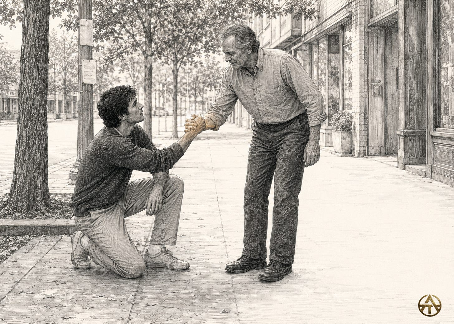 An older man helps a younger man rise from a quiet Berkeley pavement, with restrained golden light touching their joined hands.