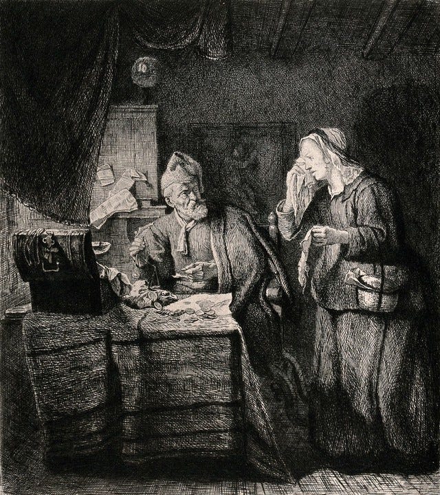 A moneylender visited by a woman customer who is weeping. Etching by Léopold Flameng after Gabriel Metsu. A moneylender visited by a woman customer who is weeping. Etching by Léopold Flameng after Gabriel Metsu.