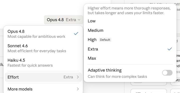 Claude screenshot showing Opus 4.8 selected with the new effort control set to Extra, where higher effort produces more thorough responses but uses limits faster.