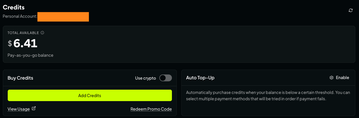 OpenRouter Credits page showing a $6.41 balance, Add Credits button, and Auto Top-Up disabled