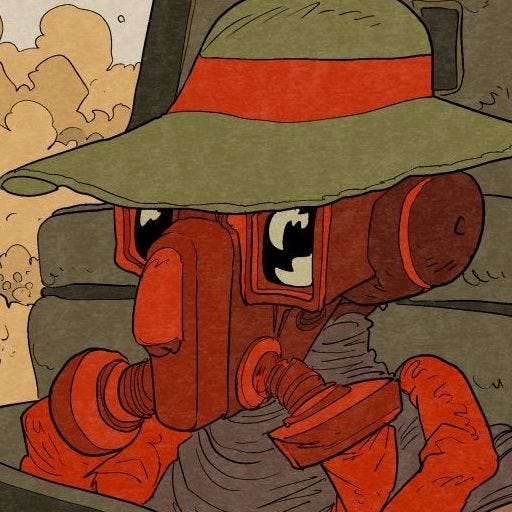 an individual with a gas mask and a hat. Looks vaguely robotic.