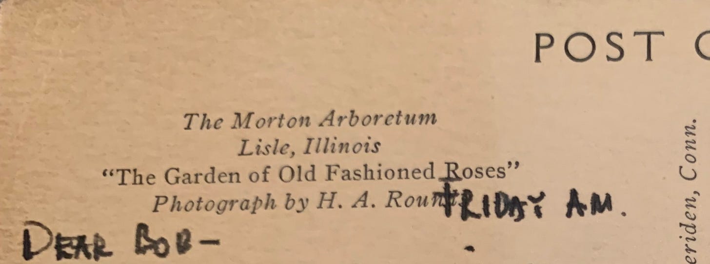 Portion of the flip side of postcard that reads "The Morton Arboretum Lisle, Illinois 'The Garden of Old Fashioned Roses' Photograph by H. A. Rounds" Written over top of the photographer's last name is "Friday AM" and underneath, "Der Bob -"
