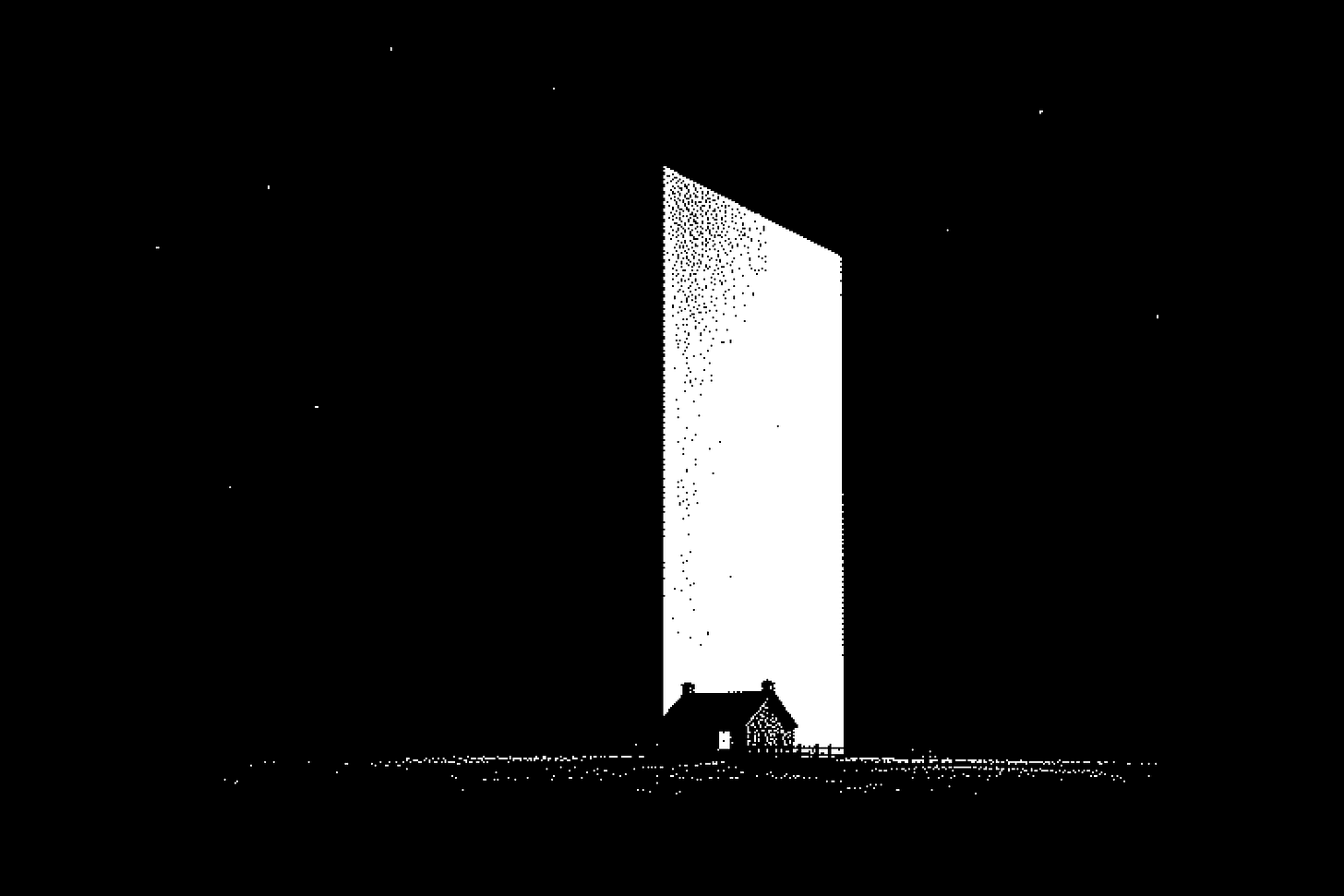 A single small farmhouse with one lit window, seen from far away at night across an empty black paddock, and towering behind it a huge, plain, windowless block lit hard from one side; the house tiny at the bottom, lots of black sky.