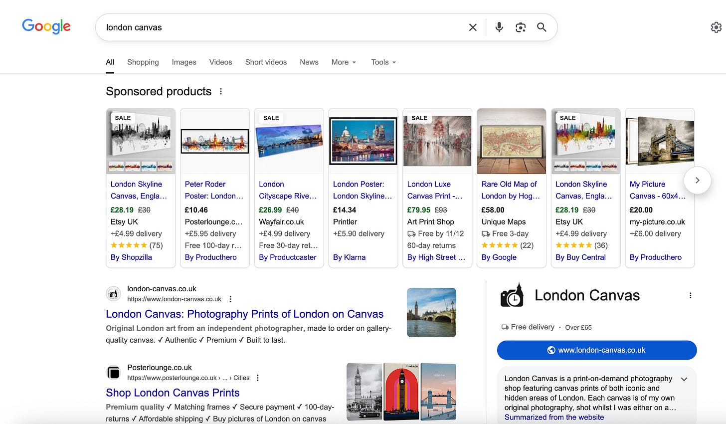 A screenshot of the Google search results page showing london-canvas.co.uk at the top of the results. A screenshot of the Google search results page showing london-canvas.co.uk at the top of the results.