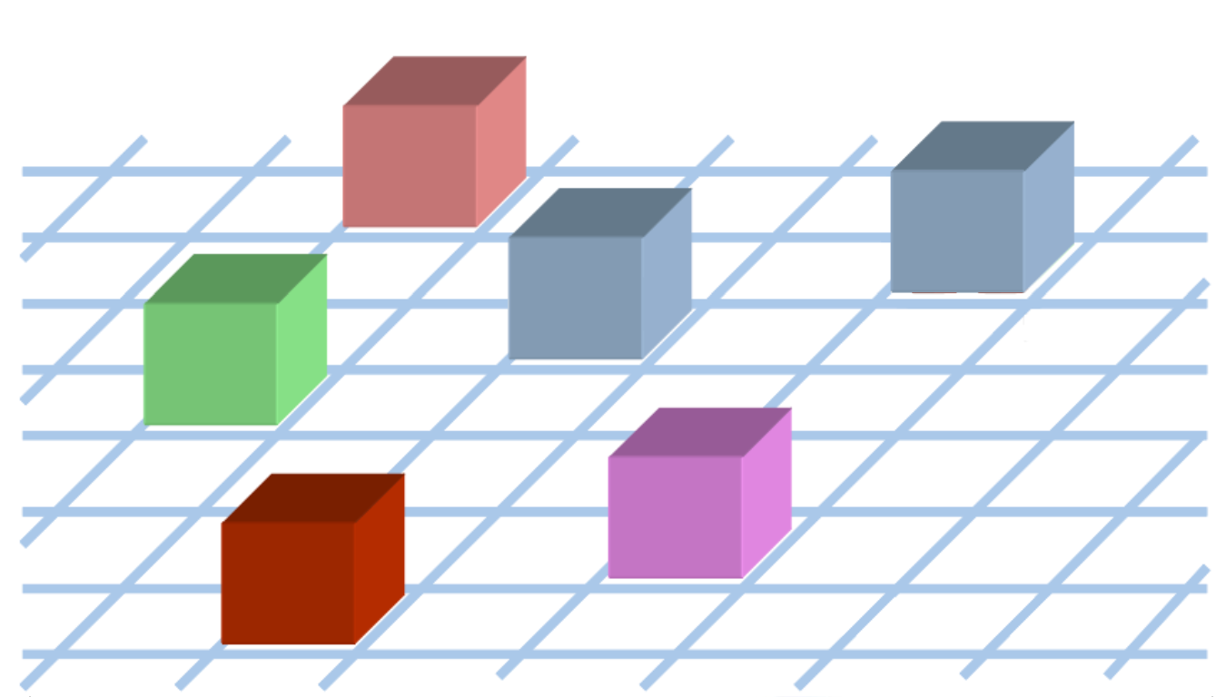 SOA diagram showing multiple colored 3D component cubes distributed across a grid-based infrastructure layer, illustrating how CCSDS-compliant services can plug into a shared spacecraft ground segment architecture.