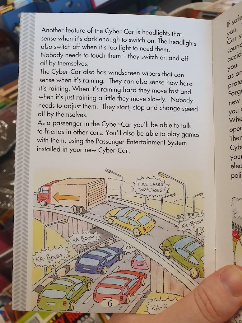 Lots of cyber cars are driving on a highway. The words “FIRE LASER TORPEDOES!” and “KA-BOOM” are coming from many Cyber Cars.