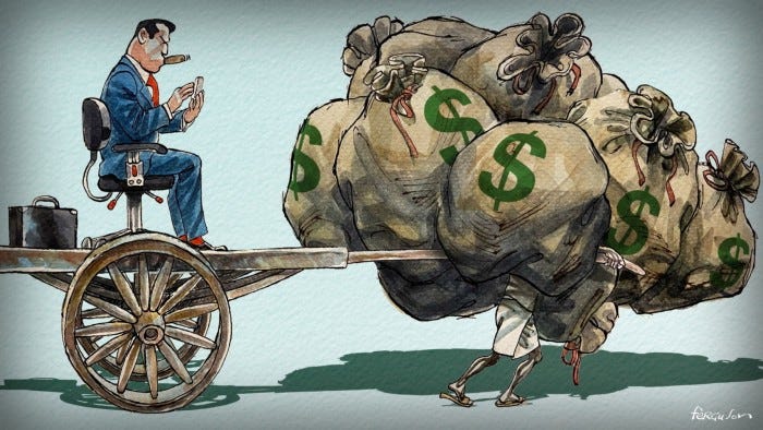 Illustration of a businessman sitting on a wooden carriage smoking his cigar and looking at his mobile, his black business bag behind him, multiple sacks full of US dollars in front. while a poor person is pulling the carriage