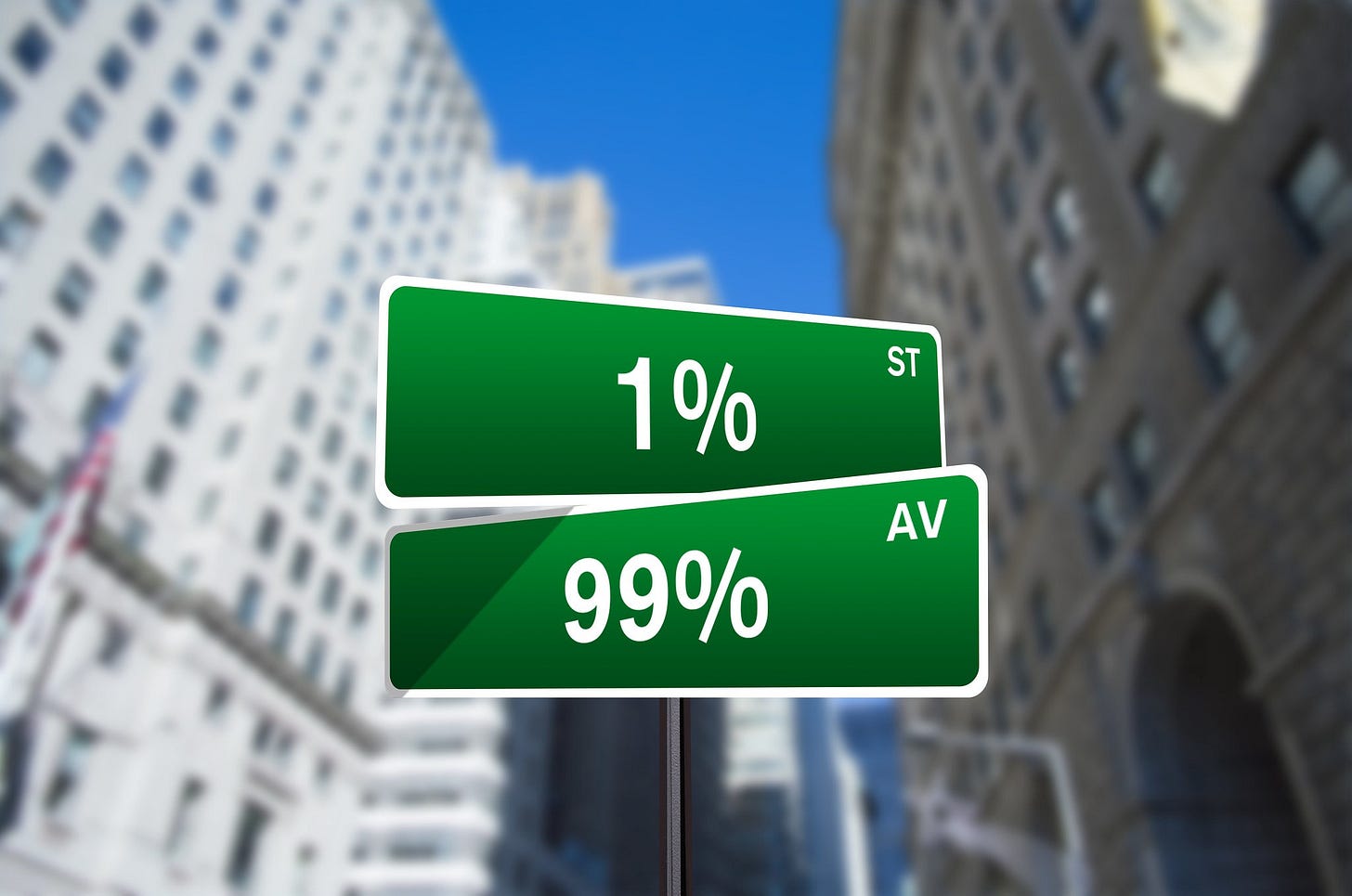 Two greenbar street signs; one labeled 1% points one way, one labeled 99% points a different way Two greenbar street signs; one labeled 1% points one way, one labeled 99% points a different way