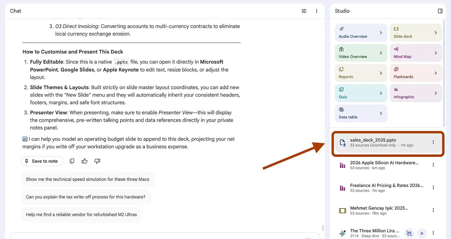 NotebookLM Studio panel with an arrow pointing to the generated PowerPoint file sales_deck_2025.pptx NotebookLM Studio panel with an arrow pointing to the generated PowerPoint file sales_deck_2025.pptx