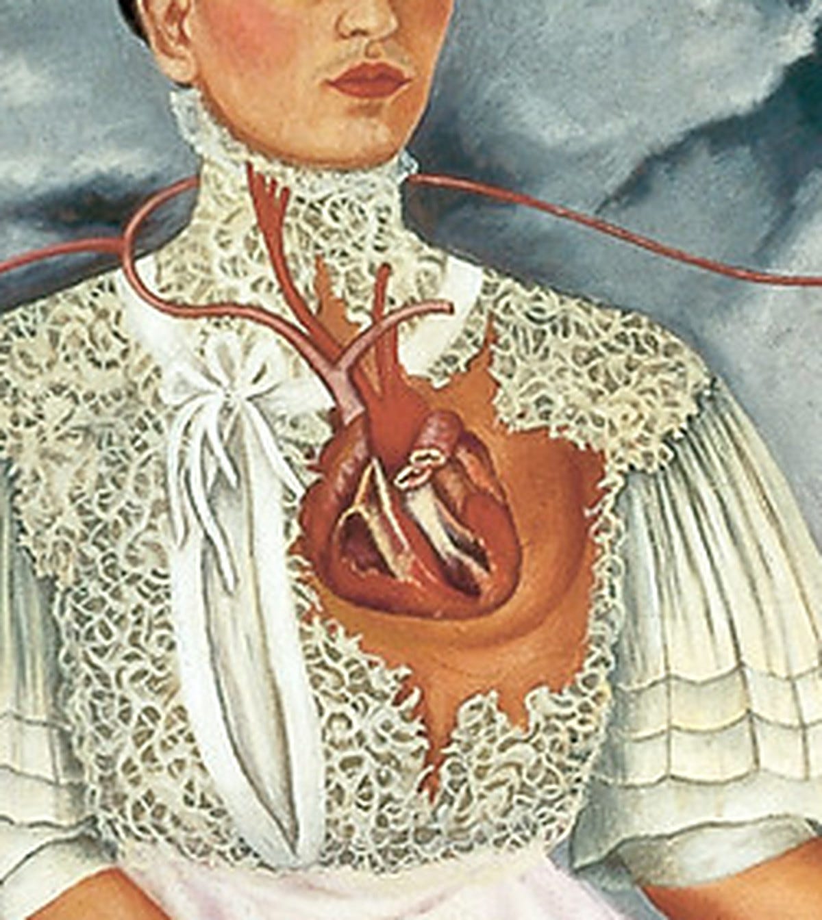Close view of a white Victorian dress with a high lace collar and lace across the chest. Close view of a white Victorian dress with a high lace collar and lace across the chest.