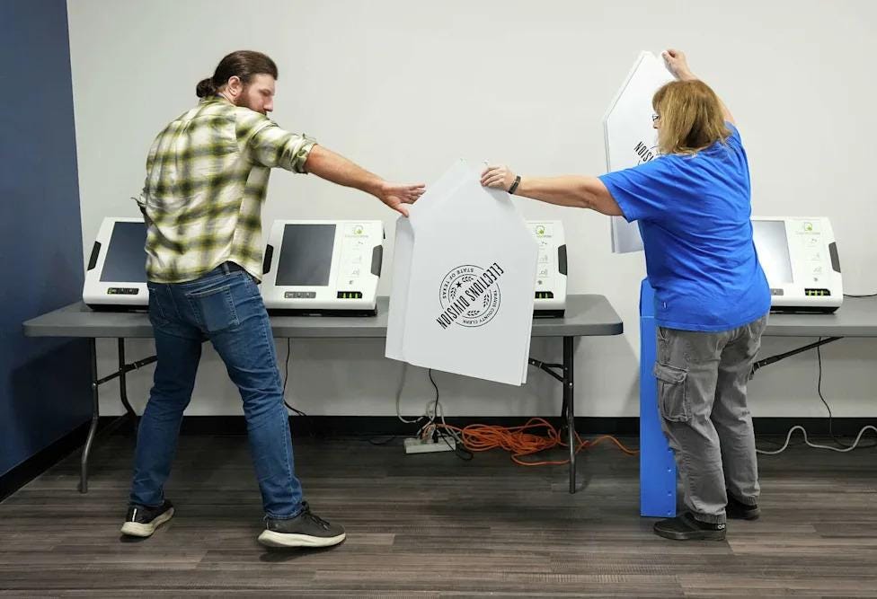 Election technicians preparing voting equipment and privacy screens in Austin, Texas, ahead of the 2026 elections. Election technicians preparing voting equipment and privacy screens in Austin, Texas, ahead of the 2026 elections.