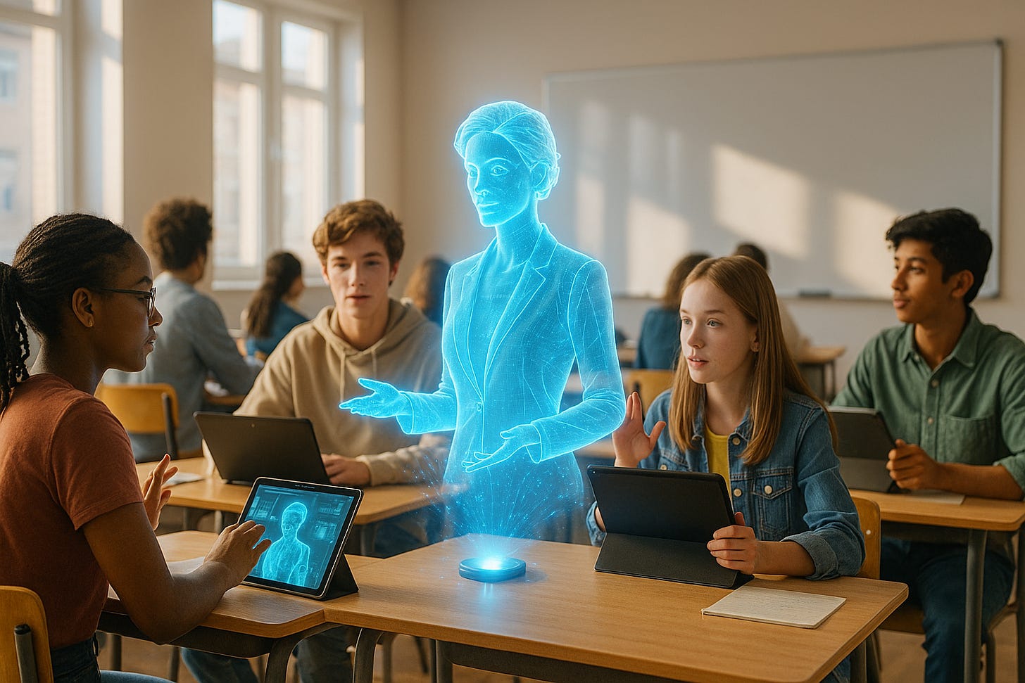 Elevi de liceu interacționând cu un tutor holografic AI într-o sală de clasă luminoasă, contemporană, în timpul orei Elevi de liceu interacționând cu un tutor holografic AI într-o sală de clasă luminoasă, contemporană, în timpul orei
