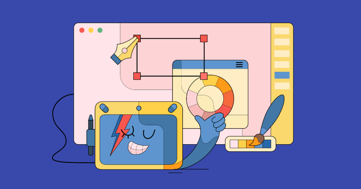 A cartoon illustration of designing a digital website, such as thinking about color palettes.