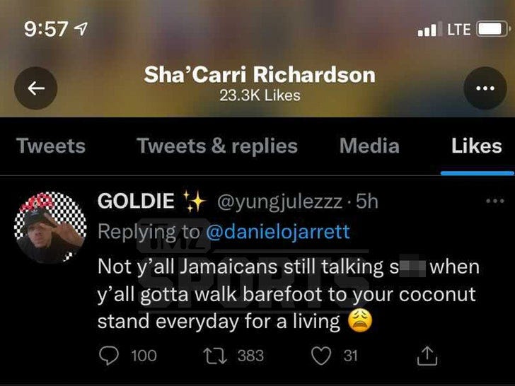 Sha'Carri Richardson, an ADOS-American athlete, 'liking' a crude 'Diaspora Wars' tweet about Jamaicans. Sha'Carri Richardson, an ADOS-American athlete, 'liking' a crude 'Diaspora Wars' tweet about Jamaicans.