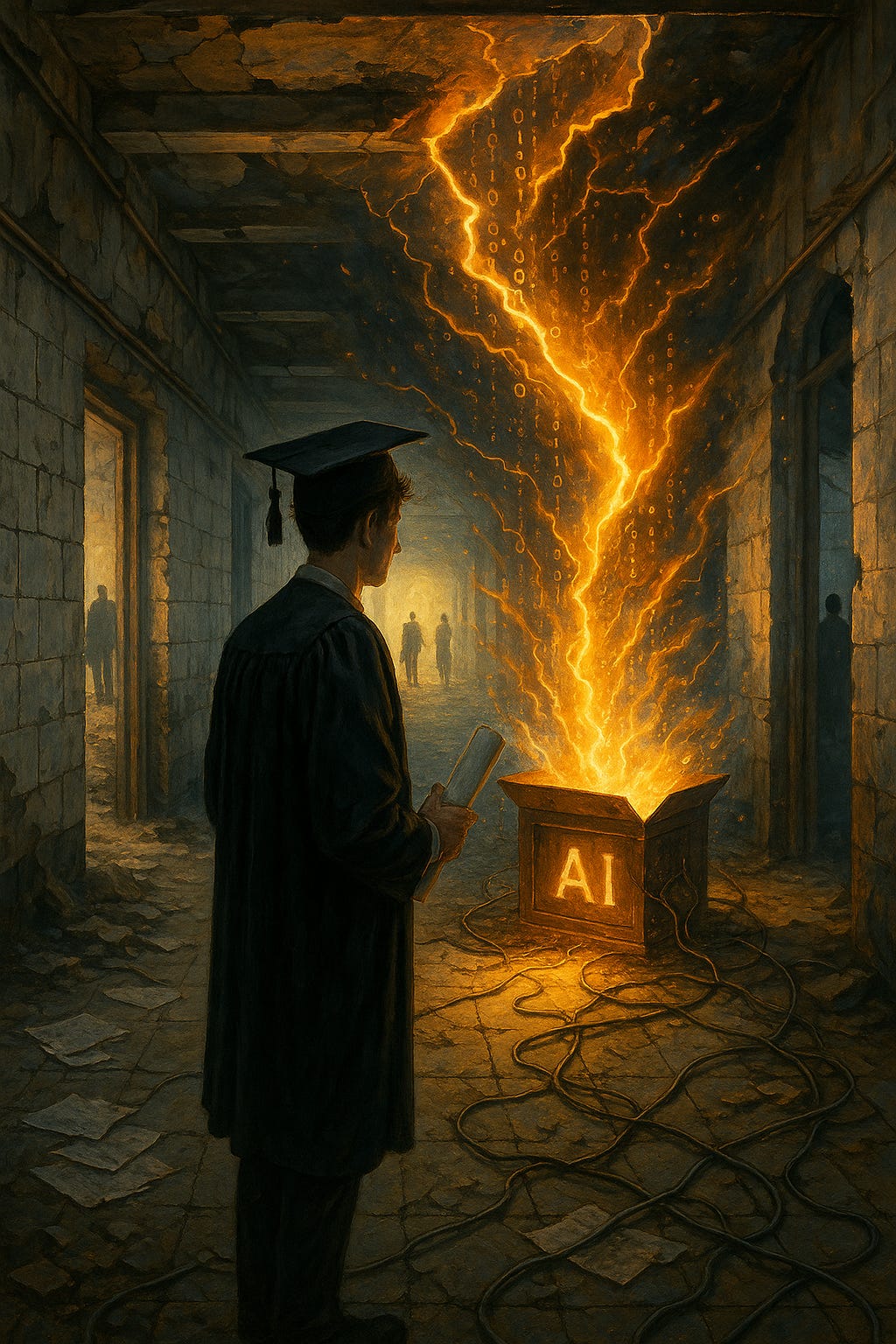A young male graduate in a cap and gown stands in a crumbling university hallway, clutching a diploma and facing a glowing box labeled "AI." From the open box, radiant golden-orange light and binary code stream upward like fire, illuminating the dilapidated corridor filled with cracked walls, loose wires, and scattered papers. Silhouetted figures stand in the distance, partially obscured by shadows and light, creating a surreal atmosphere that blends awe, uncertainty, and foreboding.