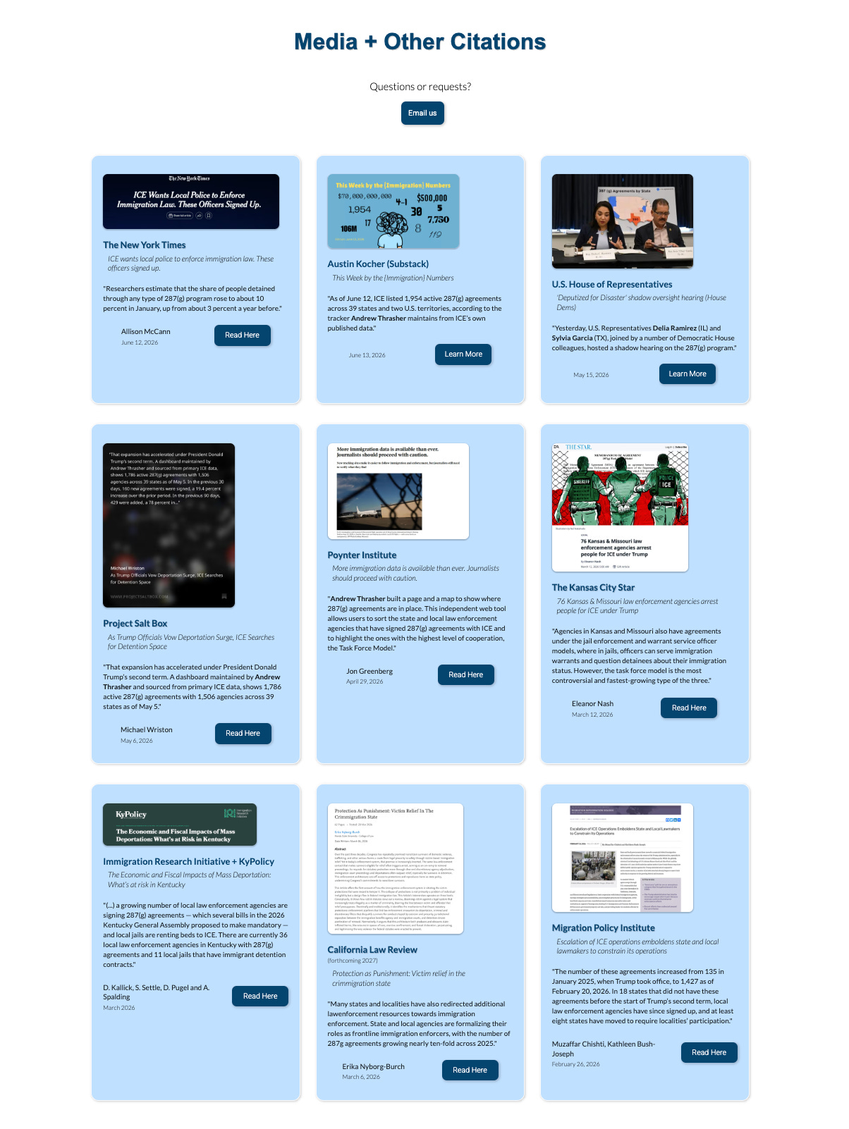 Screenshot from <https://www.tituslegaldesign.com/immigration-101/287g-program> showing media and other coverage of 287(g) program tracker:  The New York Times: "ICE wants local police to enforce immigration law. These officers signed up." Allison McCann, June 12 2026  Austin Kocher (Substack): "This Week by the {Immigration} Numbers" @austinkocher June 13, 2026  U.S. House of Representatives: "Yesterday, U.S. Representatives Delia Ramirez (IL) and Sylvia Garcia (TX), joined by a number of Democratic House colleagues, hosted a shadow hearing on the 287(g) program." May 15 2026  Poynter Institute: "More immigration data is available than ever. Journalists should proceed with caution." Jon Greenberg, April 29 2026  The Kansas City Star: "76 Kansas & Missouri law enforcement agencies arrest people for ICE under Trump" Eleanor Nash, March 12 2026  KyPolicy + Immigration Research Initiative: "The economic and fiscal impacts of mass deportation: what's at risk in Kentucky" D. Kallick, S. Settle, D. Pugel, and A. Spalding, March 2026  Erika Nyborg-Burch (in California Law Review, forthcoming 2027): "Protection as Punishment: Victim relief in the crimmigration state" March 06 2026  Migration Policy Institute: "Escalation of ICE operations emboldens state and local lawmakers to constrain its operations" Muzaffar Chisthti + Kathleen Bush-Joseph, February 26 2026
