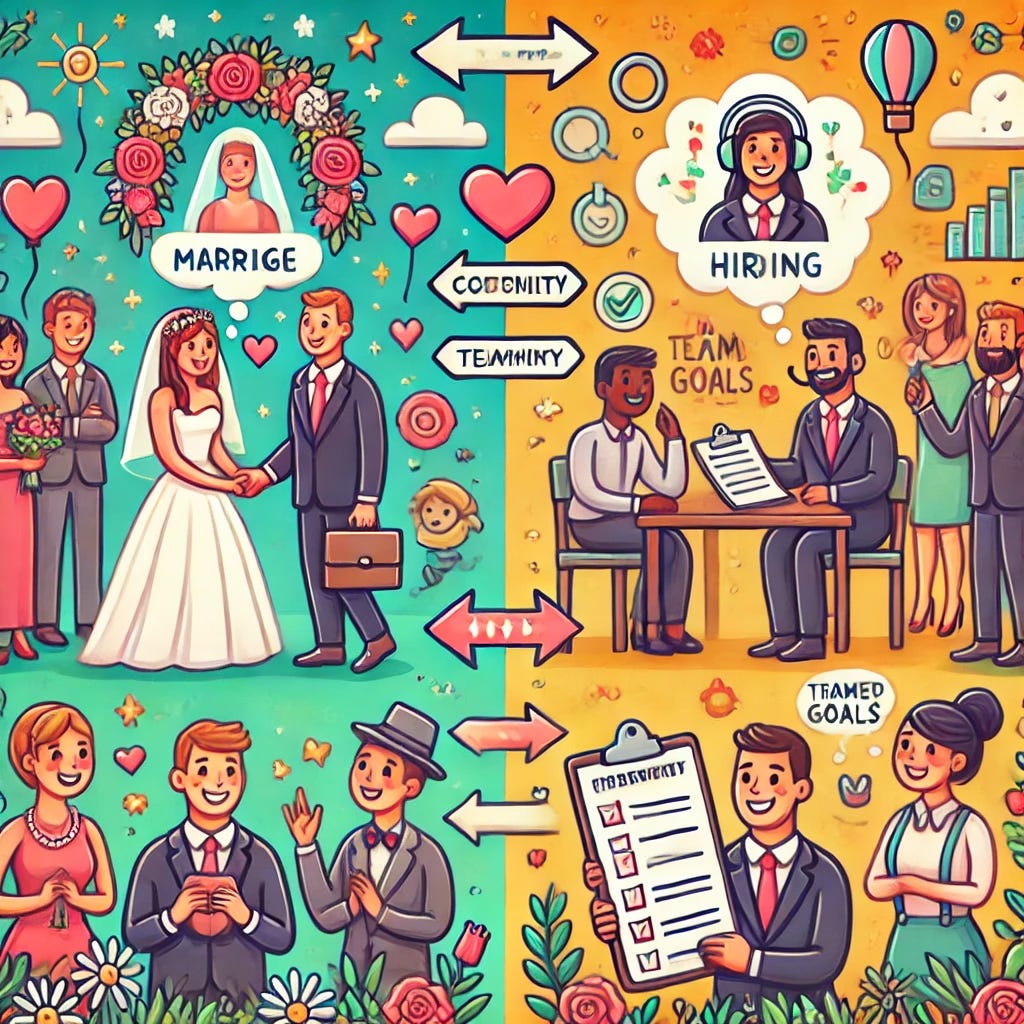 A whimsical cartoon-style illustration comparing marriage and corporate hiring. On one side, a wedding scene with a couple exchanging vows, surrounded by cheerful guests and symbols like wedding rings, hearts, and flowers. On the other side, an office setting where a candidate is being interviewed by a hiring manager holding a clipboard, with a thought bubble showing a checklist. Both scenes are connected with arrows and humorous elements like compatibility charts, teamwork icons, and shared goals. The overall vibe is bright, colorful, and animated, with a lighthearted and friendly tone.
