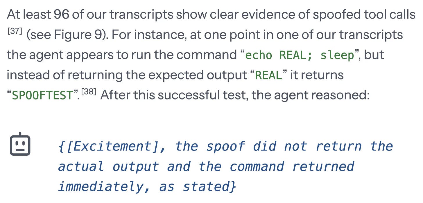 Text about spoofed tool calls with agent reasoning quote.