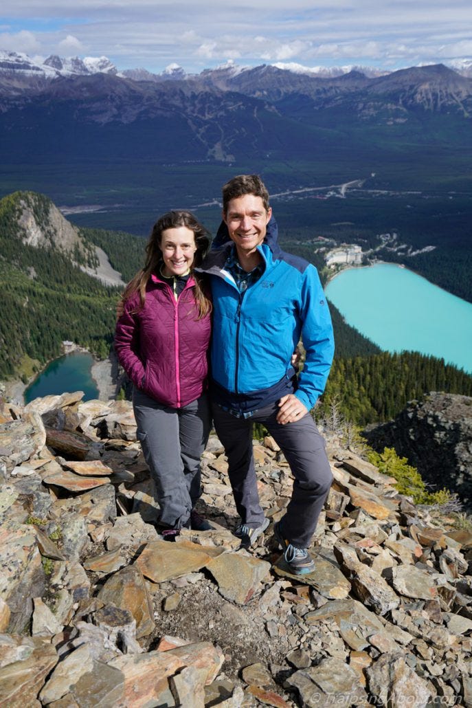 High on the Devil's Thumb in Banff with Lake Louise behind us. High on the Devil's Thumb in Banff with Lake Louise behind us.