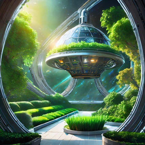 Futuristic space station garden with zero gravity, spherical shapes, bright artificial lighting