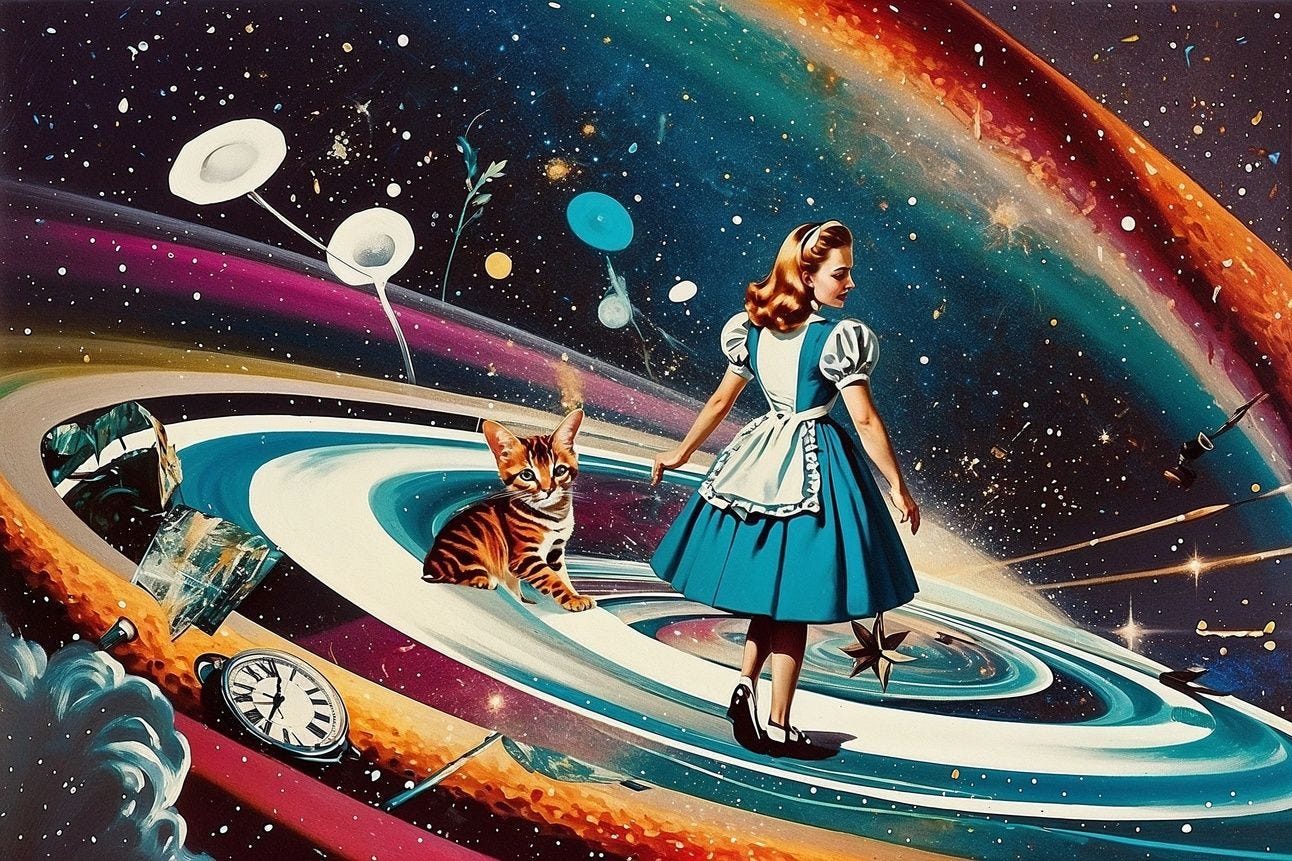 Alice, from Alice in Wonderland, looks over her shoulder as she faces the abyss with confidence