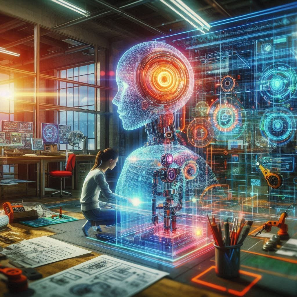 A futuristic workshop where a young female engineer is building and repairing an intelligent AI machine, surrounded by vibrant holographic screens and glowing tools, symbolizing creativity, innovation, and hands-on GenAI development