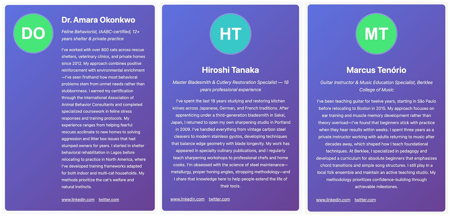 alleged biographies of the alleged authors of three of the spam blogs