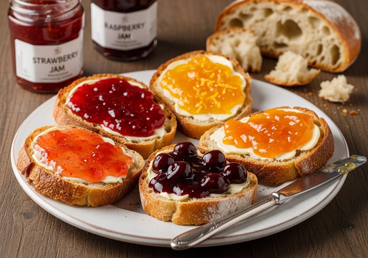 A nice plate of toasts with butter and different jams on top. On sourdough bread. Each toast is breat + butter + jam. Jam does not contain entire fruits.