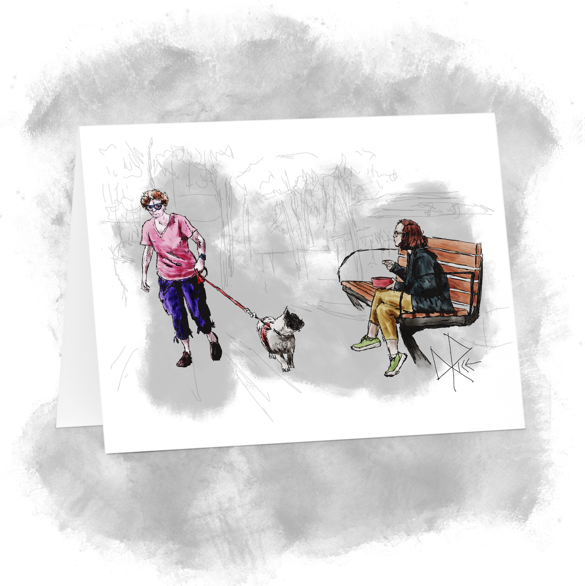 Walking in a park, a woman holds firmly to a leash as the dog at the other end pulls in a different direction while attracted by the smell of a stranger’s lunch. Sketch art by Don Rice.