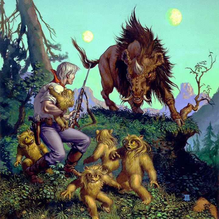 LEFT: Detail from RUN FOR COVER featuring Pappy Jack holding a little fuzzy while staring down a boar-like alien beast with a horn between its eyes and a tusk protruding from each side of its mouth. The sky is aqua blue with two fulls hanging low on either side of the creature. RIGHT: Close detail from RUN FOR COVER featuring the line of Pappy Jack’s eyes meeting the intense orange of the boar-like alien creature. His shirt is white with a high red collar. He wears jeans tucked into boots that ride up over his calves. He has a laser pistol holstered at his waist.