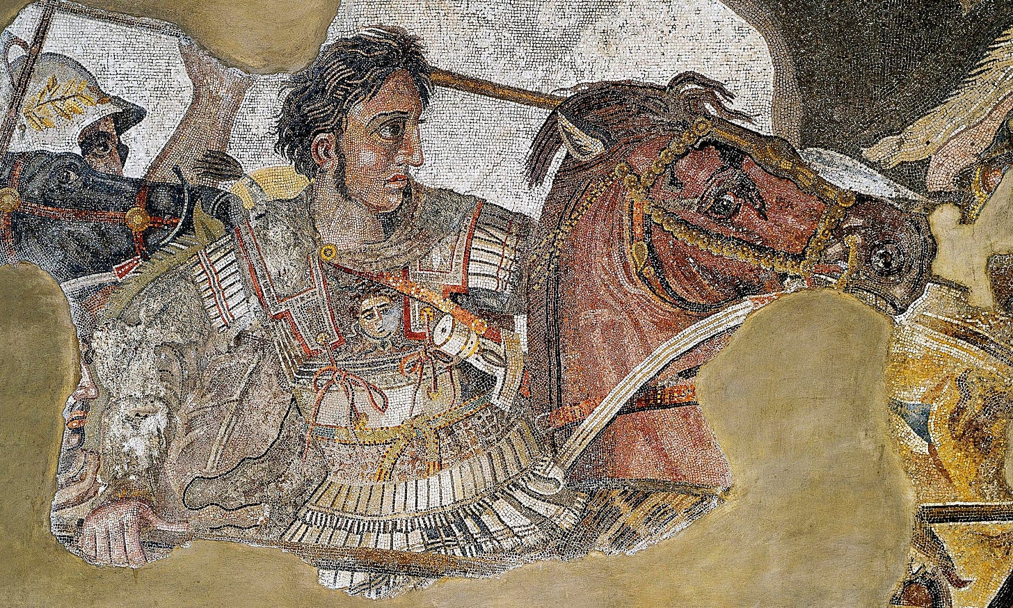 Mosaic of Alexander III of Macedonia portrayed with his horse Bucephelus from the House of Faun in Pompeii Mosaic of Alexander III of Macedonia portrayed with his horse Bucephelus from the House of Faun in Pompeii