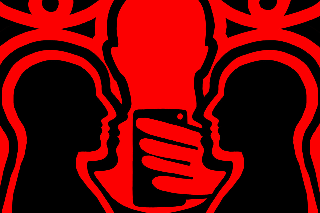Illustration of a hand holding a cell phone between two human silhouettes in red and black, representing surveillance. 