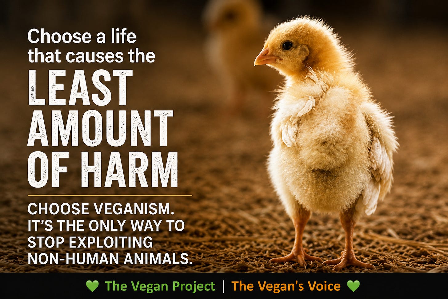 Close-up photograph of a young yellow chick standing on natural bedding beside the message “Choose a life that causes the least amount of harm” and a call to choose veganism