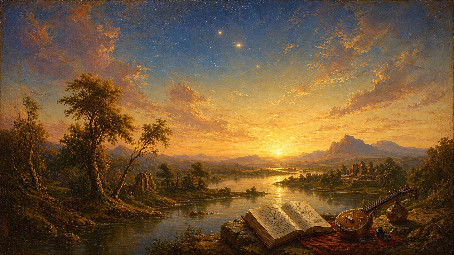 Three luminous planets converge in a twilight sky above a golden river valley. In the foreground, an open manuscript filled with celestial diagrams rests beside a veena on ancient stone — the unattended instruments of a scholar and musician.